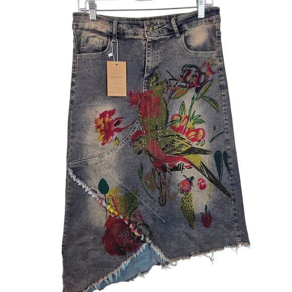Soolinen Denim Offset Raw Hem Embellished Painted Rhinestone BOHO Skirt Medium - Picture 2 of 4